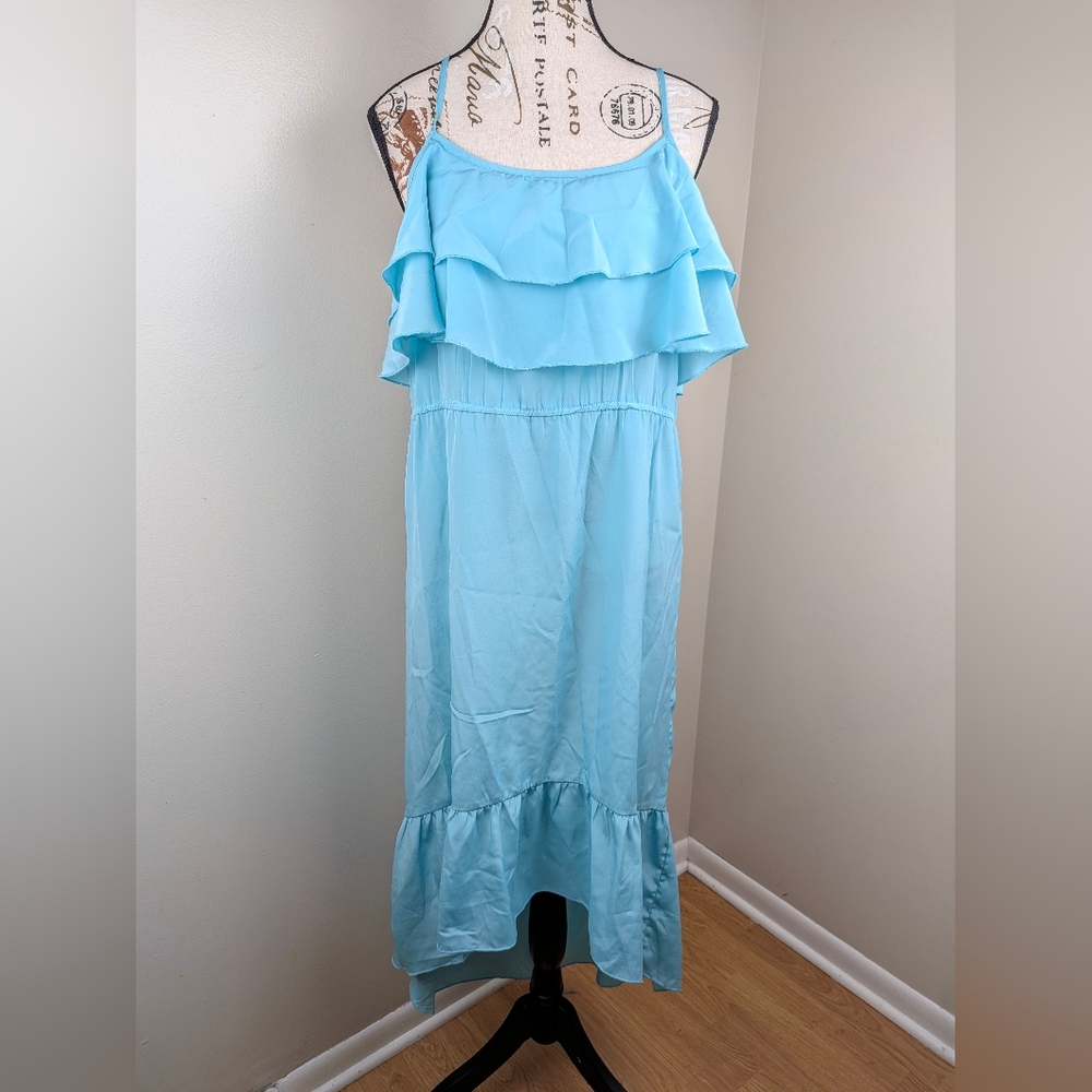 Fun & Flirt Sky Blue Mint Tiered Hi Low Spaghetti Strap Maxi Sun Dress Medium